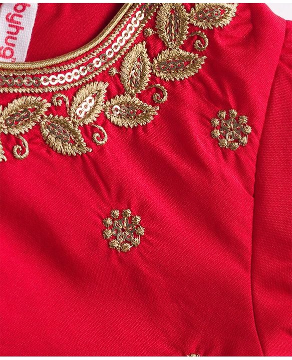 Babyhug Brocade Half Sleeves Pattu Pavda Lehenga Choli Set with Floral Embroidery - Red & Beige