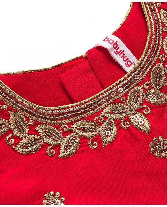 Babyhug Brocade Half Sleeves Pattu Pavda Lehenga Choli Set with Floral Embroidery - Red & Beige