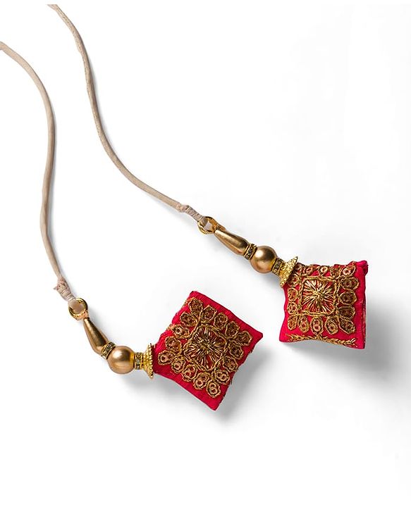 Babyhug Brocade Half Sleeves Pattu Pavda Lehenga Choli Set with Floral Embroidery - Red & Beige