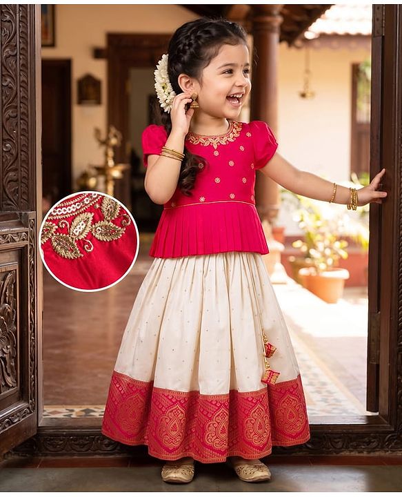 Babyhug Brocade Half Sleeves Pattu Pavda Lehenga Choli Set with Floral Embroidery - Red & Beige