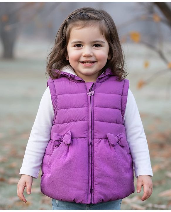 Babyhug Woven Sleeveless Padded Hooded Jacket With Bow Applique - Purple