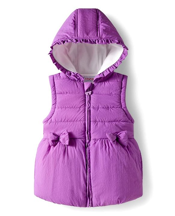 Babyhug Woven Sleeveless Padded Hooded Jacket With Bow Applique - Purple