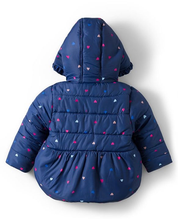 Babyhug Woven Full Sleeves Hooded Padded Jacket With Heart Print & Bow Applique - Navy Blue
