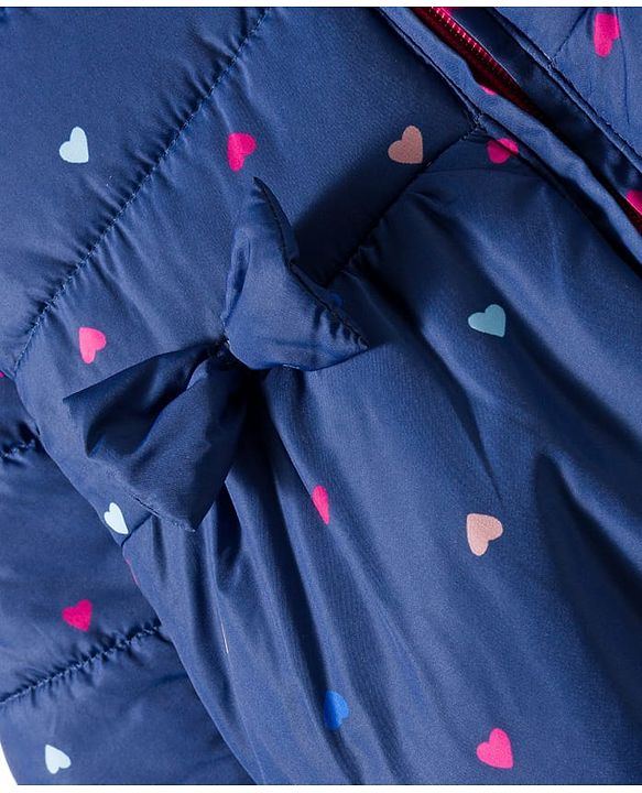 Babyhug Woven Full Sleeves Hooded Padded Jacket With Heart Print & Bow Applique - Navy Blue