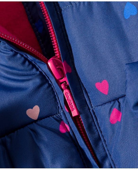 Babyhug Woven Full Sleeves Hooded Padded Jacket With Heart Print & Bow Applique - Navy Blue