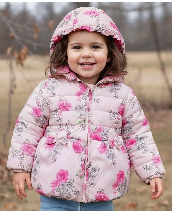 Babyhug Woven Full Sleeves Hooded Padded Jacket With Floral Print - Pink