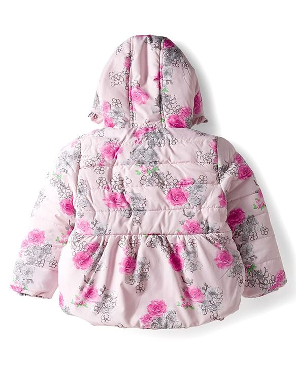Babyhug Woven Full Sleeves Hooded Padded Jacket With Floral Print - Pink