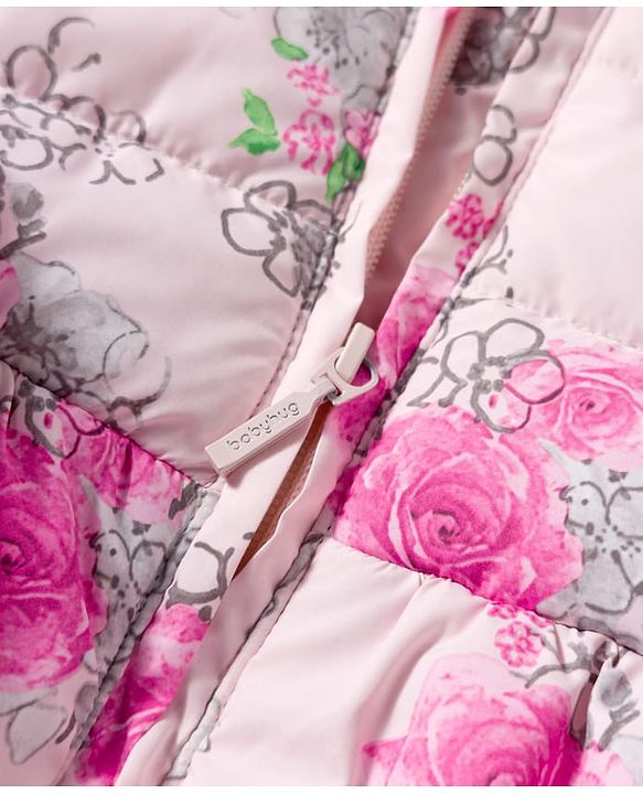 Babyhug Woven Full Sleeves Hooded Padded Jacket With Floral Print - Pink