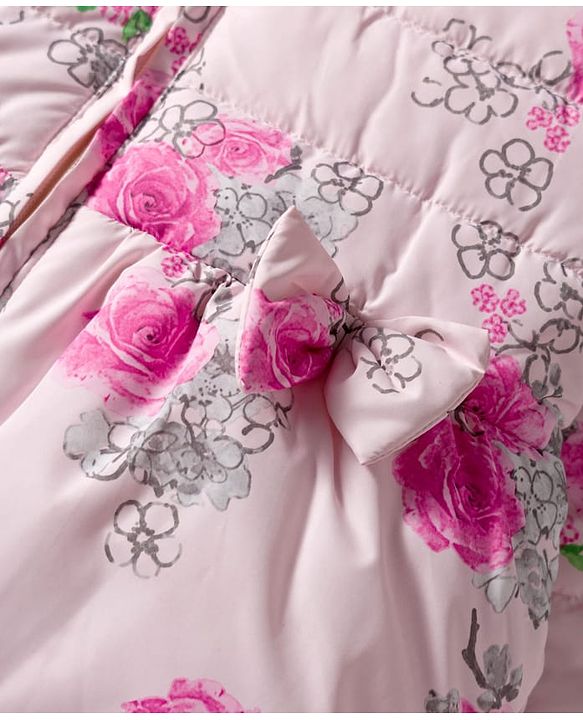 Babyhug Woven Full Sleeves Hooded Padded Jacket With Floral Print - Pink