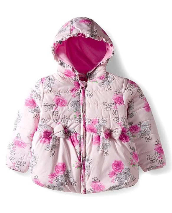 Babyhug Woven Full Sleeves Hooded Padded Jacket With Floral Print - Pink