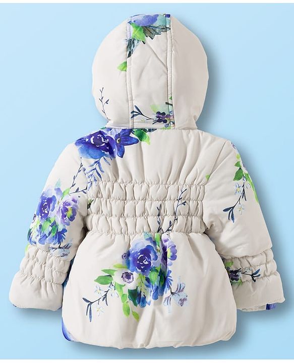 Babyhug Woven Full Sleeves Hooded Padded Jacket With Floral Print - Blue & White