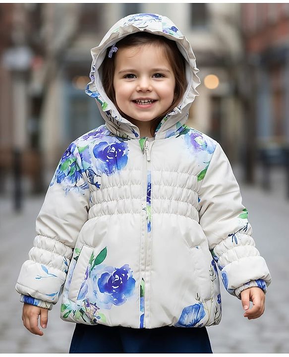 Babyhug Woven Full Sleeves Hooded Padded Jacket With Floral Print - Blue & White