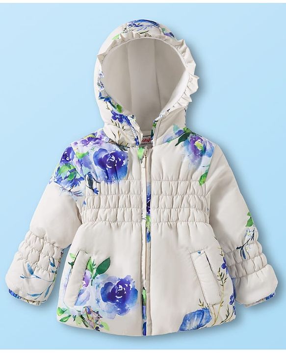 Babyhug Woven Full Sleeves Hooded Padded Jacket With Floral Print - Blue & White