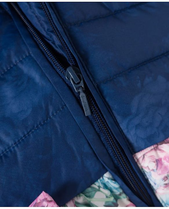Babyhug Woven Full Sleeves Hooded Padded Jacket With Floral Print & Bow Applique - Navy Blue
