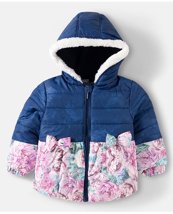 Babyhug Woven Full Sleeves Hooded Padded Jacket With Floral Print & Bow Applique - Navy Blue