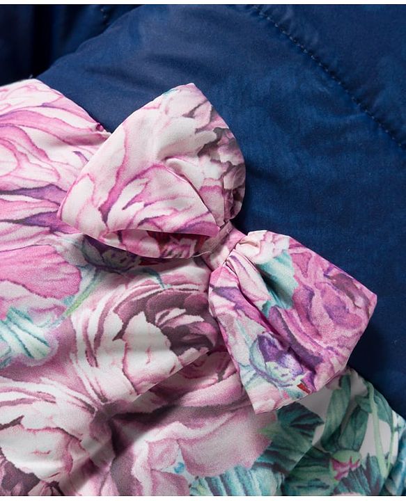 Babyhug Woven Full Sleeves Hooded Padded Jacket With Floral Print & Bow Applique - Navy Blue