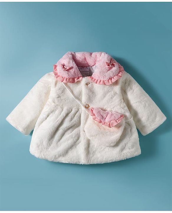 Babyhug Fur Woven Full Sleeves Jacket & Sling Bag with Bow Applique & Frill Detailing - White & Pink