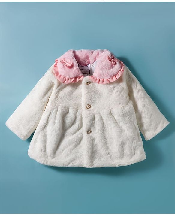 Babyhug Fur Woven Full Sleeves Jacket & Sling Bag with Bow Applique & Frill Detailing - White & Pink