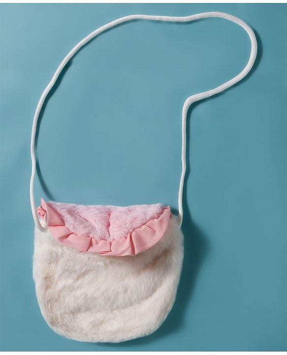 Babyhug Fur Woven Full Sleeves Jacket & Sling Bag with Bow Applique & Frill Detailing - White & Pink