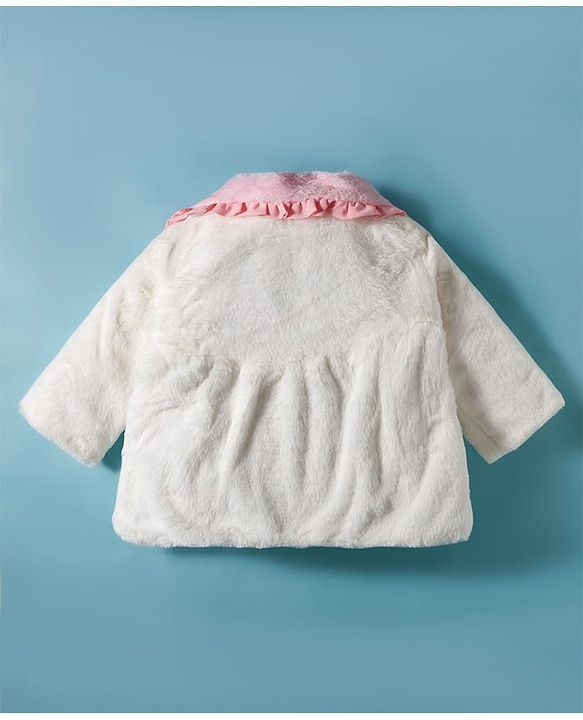 Babyhug Fur Woven Full Sleeves Jacket & Sling Bag with Bow Applique & Frill Detailing - White & Pink