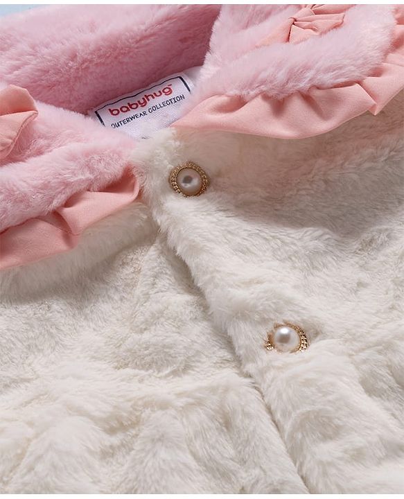 Babyhug Fur Woven Full Sleeves Jacket & Sling Bag with Bow Applique & Frill Detailing - White & Pink