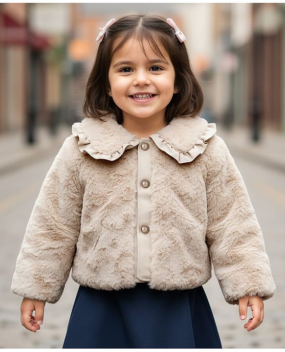 Babyhug Fur Woven Full Sleeves Jacket with Frill Detailing & Pearls - Beige
