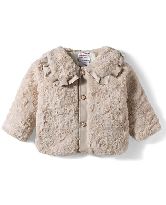 Babyhug Fur Woven Full Sleeves Jacket with Frill Detailing & Pearls - Beige