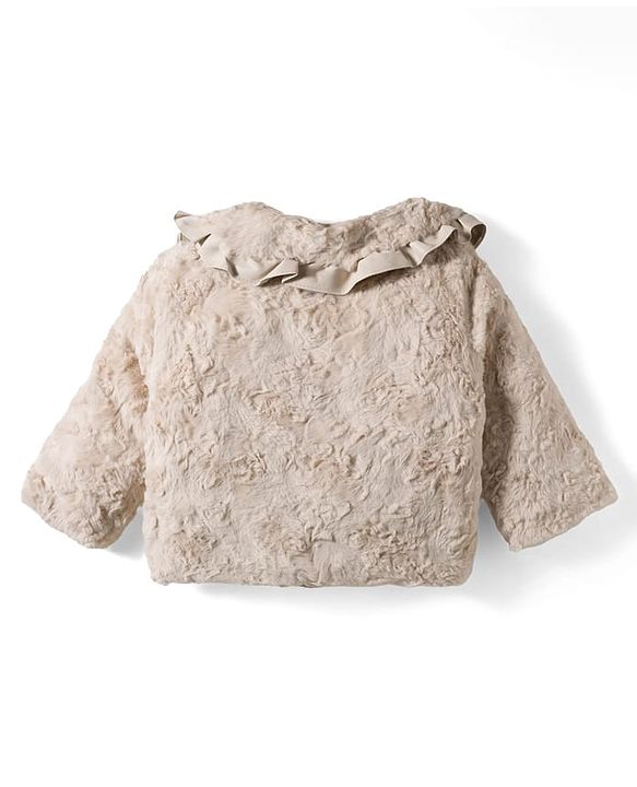 Babyhug Fur Woven Full Sleeves Jacket with Frill Detailing & Pearls - Beige