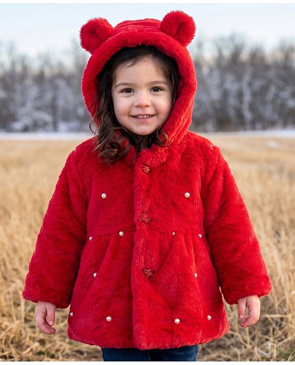 Babyhug Woven Full Sleeves Hooded Fur Winter Jacket with Pearl Detailing & Ear Applique - Red
