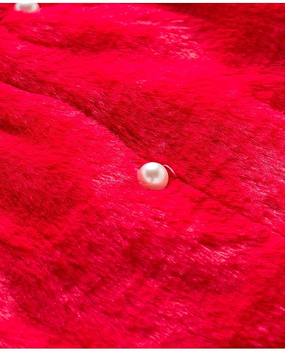 Babyhug Woven Full Sleeves Hooded Fur Winter Jacket with Pearl Detailing & Ear Applique - Red
