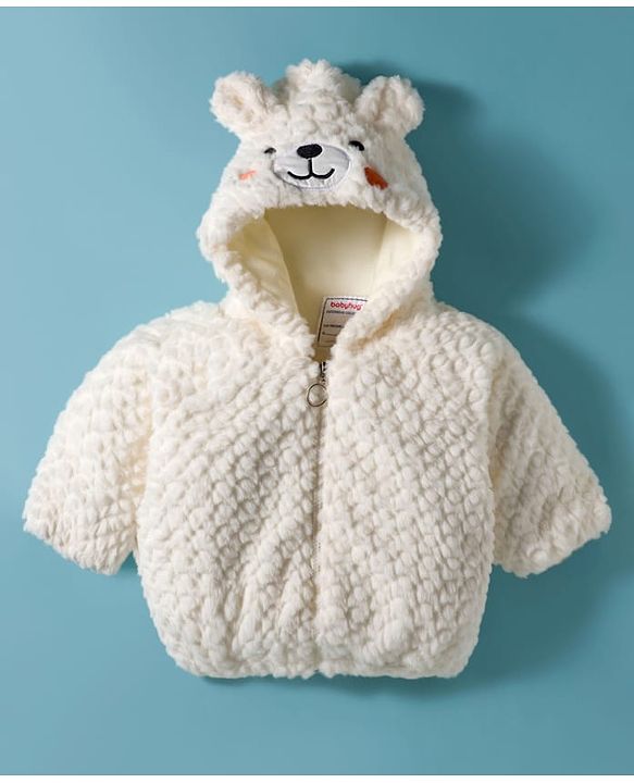 Babyhug Fur Woven Full Sleeves Hooded Winter Jacket With Bear & Ear Applique - White