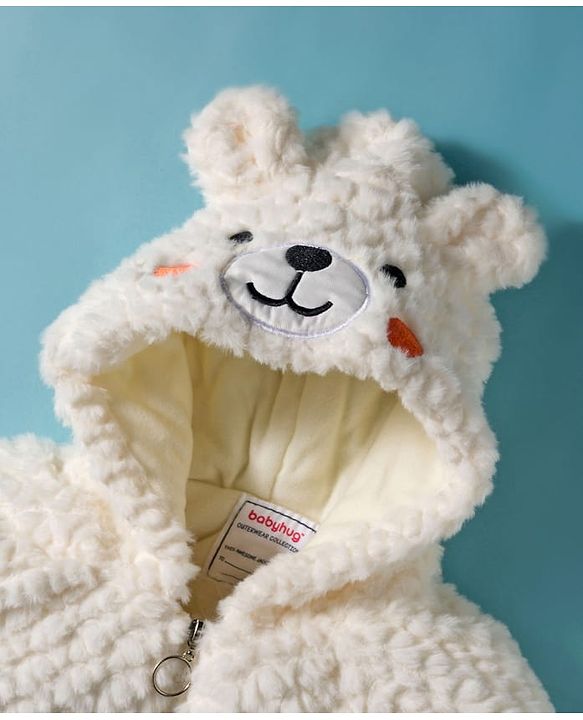 Babyhug Fur Woven Full Sleeves Hooded Winter Jacket With Bear & Ear Applique - White