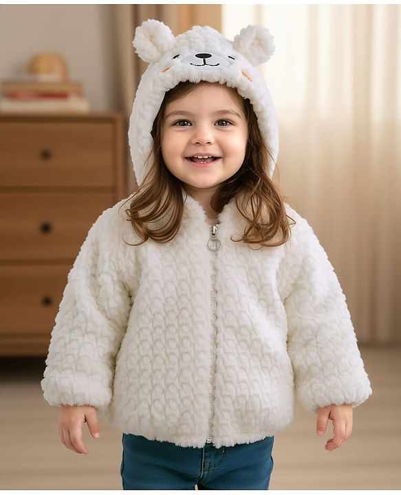 Babyhug Fur Woven Full Sleeves Hooded Winter Jacket With Bear & Ear Applique - White