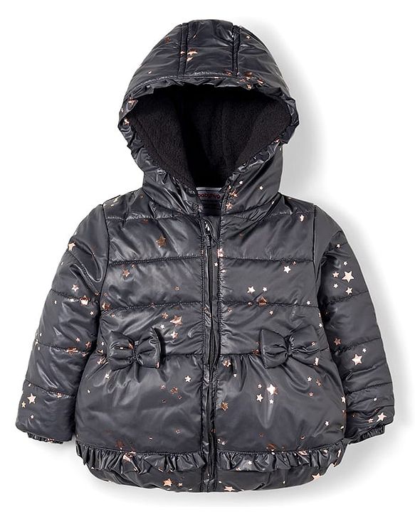 Babyhug Woven Full Sleeves Hooded Padded Jacket With Foil Star Print - Charcoal Grey