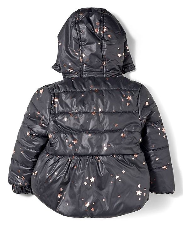 Babyhug Woven Full Sleeves Hooded Padded Jacket With Foil Star Print - Charcoal Grey