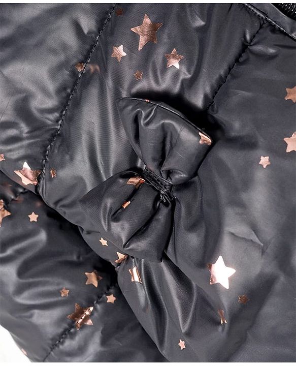 Babyhug Woven Full Sleeves Hooded Padded Jacket With Foil Star Print - Charcoal Grey