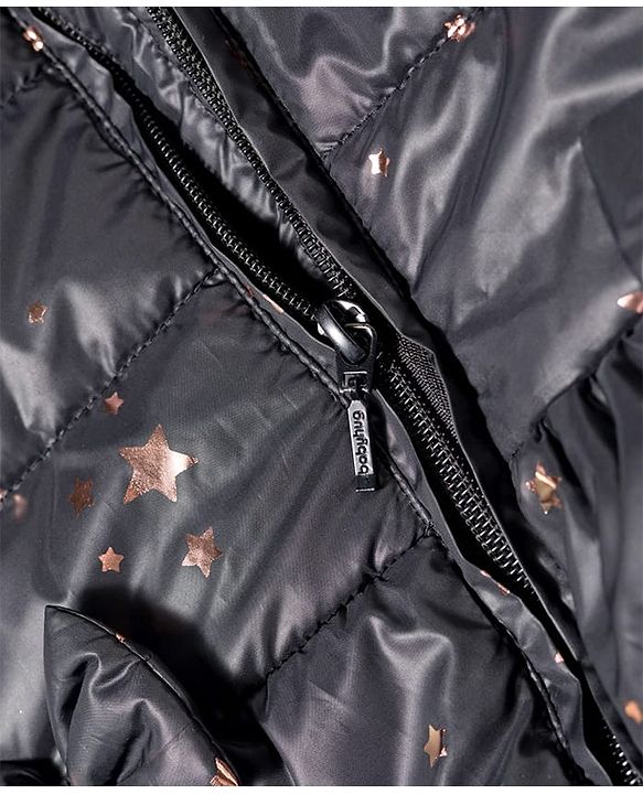 Babyhug Woven Full Sleeves Hooded Padded Jacket With Foil Star Print - Charcoal Grey