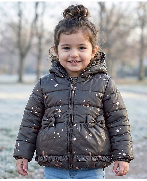 Babyhug Woven Full Sleeves Hooded Padded Jacket With Foil Star Print - Charcoal Grey