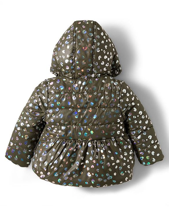 Babyhug Woven Full Sleeves Printed Hooded Padded Jacket With Bow Applique - Olive Green