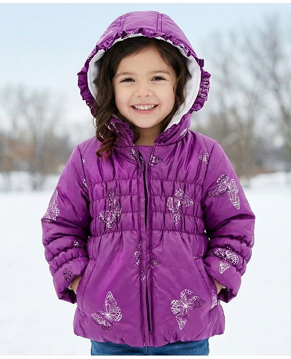 Babyhug Woven Full Sleeves Hooded Padded Jacket With Butterfly Print - Purple