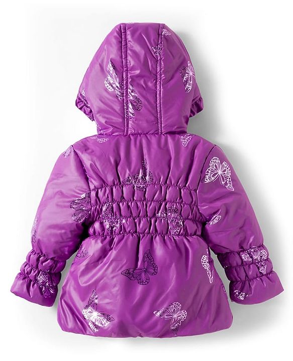 Babyhug Woven Full Sleeves Hooded Padded Jacket With Butterfly Print - Purple