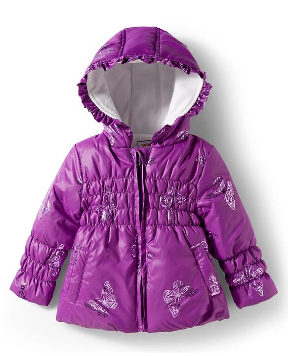 Babyhug Woven Full Sleeves Hooded Padded Jacket With Butterfly Print - Purple