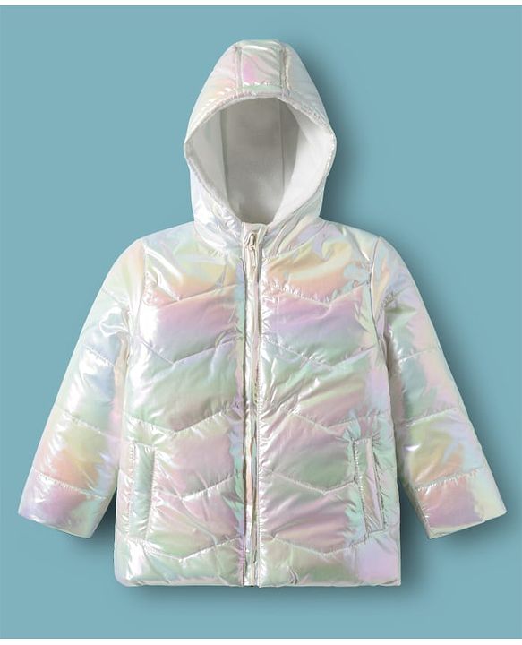 Babyhug Woven Full Sleeves Metallic Solid Hooded Padded Jacket - White