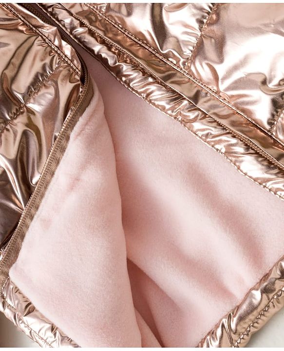 Babyhug Woven Full Sleeves Solid Metallic Color Hooded Padded Jacket - Pink