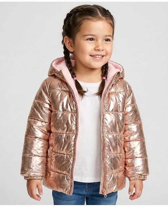 Babyhug Woven Full Sleeves Solid Metallic Color Hooded Padded Jacket - Pink