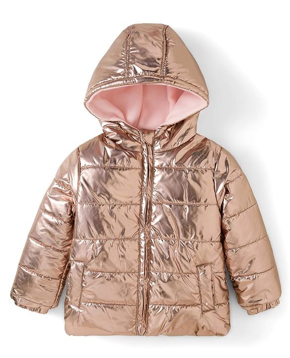 Babyhug Woven Full Sleeves Solid Metallic Color Hooded Padded Jacket - Pink