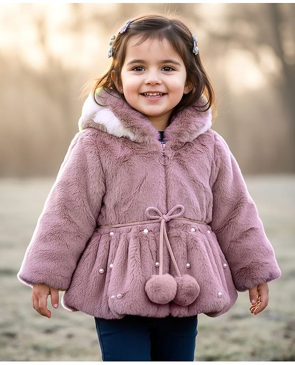 Babyhug Woven Full Sleeves Hooded Fur Winter Jacket with Pearl Detailing - Pink