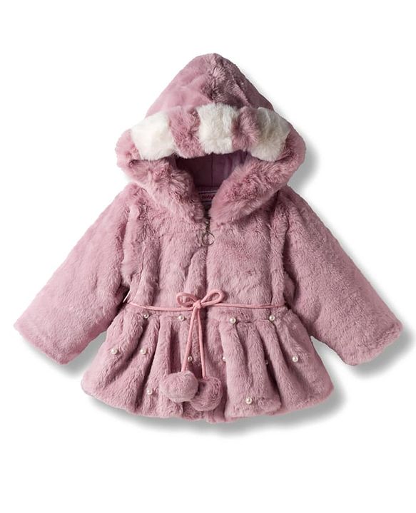 Babyhug Woven Full Sleeves Hooded Fur Winter Jacket with Pearl Detailing - Pink