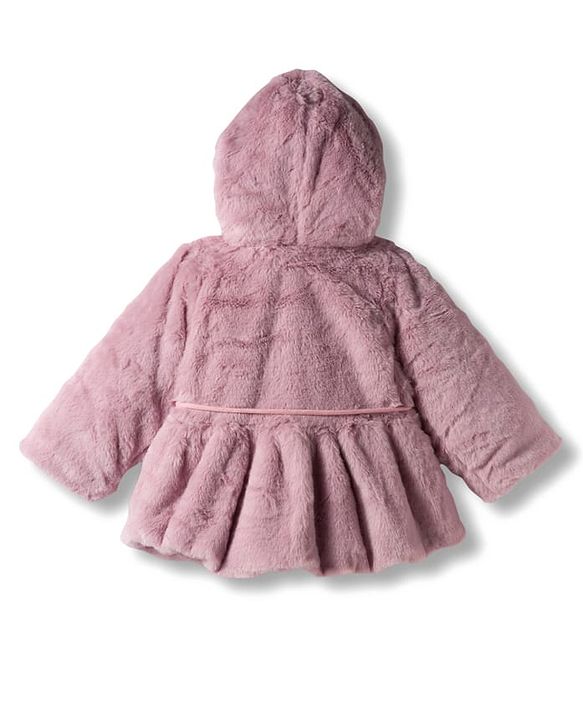 Babyhug Woven Full Sleeves Hooded Fur Winter Jacket with Pearl Detailing - Pink