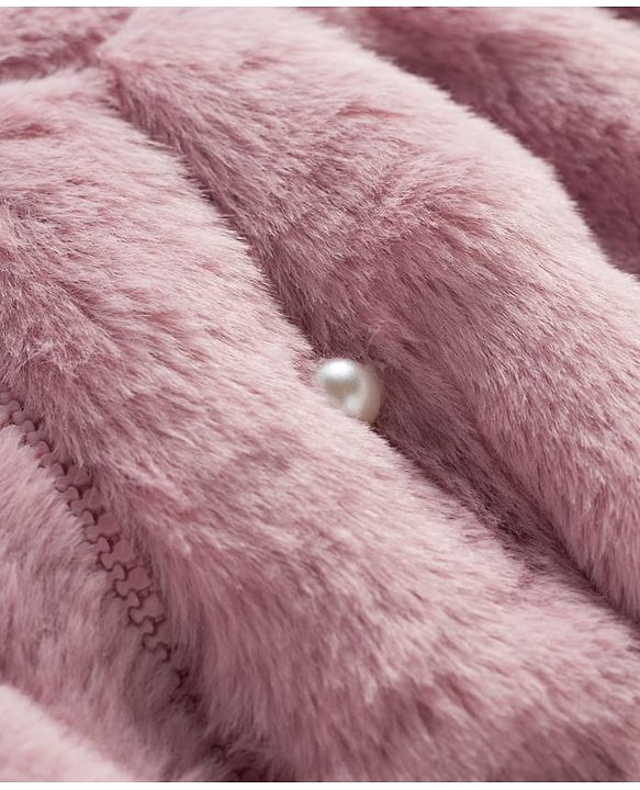 Babyhug Woven Full Sleeves Hooded Fur Winter Jacket with Pearl Detailing - Pink